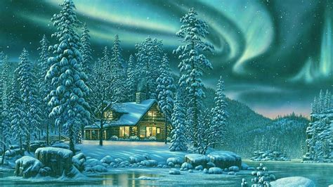 Wallpaper Id 549110 Chalet House Frost Starry Night Conifer Log
