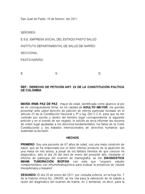 Modelo Y Formato Derecho De Peticion Salud Eps