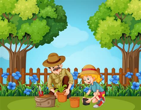Girl And Grandfather Planting In The Garden Premium Vector