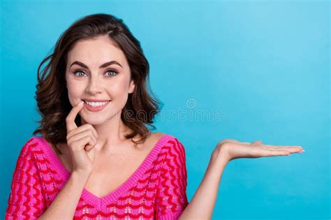 Photo Of Brown Curly Hair Excited Cute Lady Bite Nail Satisfied Smile