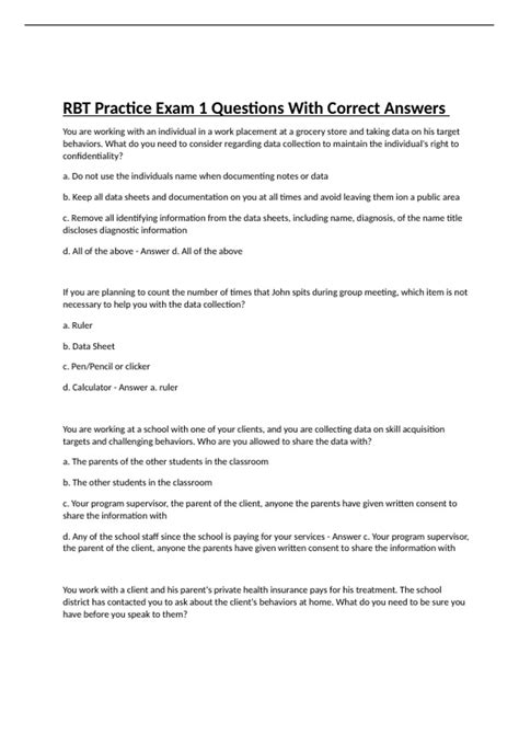 RBT Practice Exam 1 Questions With Correct Answers - Rbt - Stuvia US