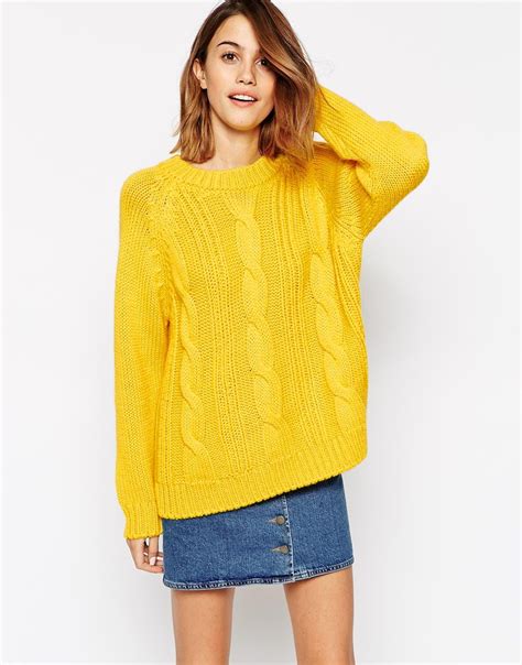 Ganni Long Sleeve Cable Knit Sweater In Yellow Lyst