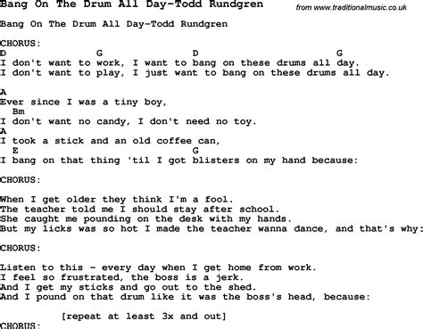 Summer Camp Song Bang On The Drum All Day Todd Rundgren With Lyrics And Chords For Ukulele