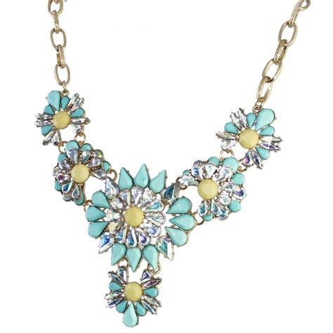 Princess Aurora Aqua Borealis Stone Flower Statement Bib Necklace