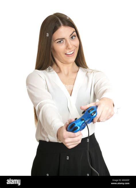 Woman Playing Video Game With Joystick Stock Photo Alamy