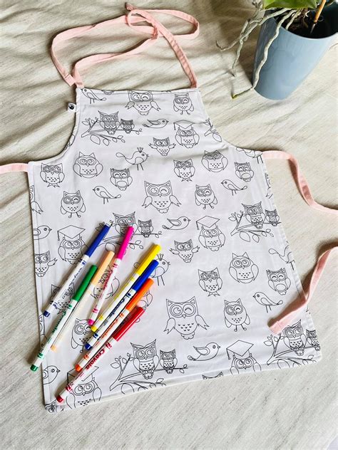 Owls Apron With Markers Create Your Own Design Colouring Etsy In 2021 Owl Aprons Diy For