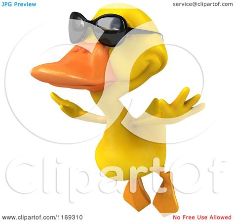 Clipart Of A 3d Yellow Duck Wearing Sunglasses And Flying Royalty