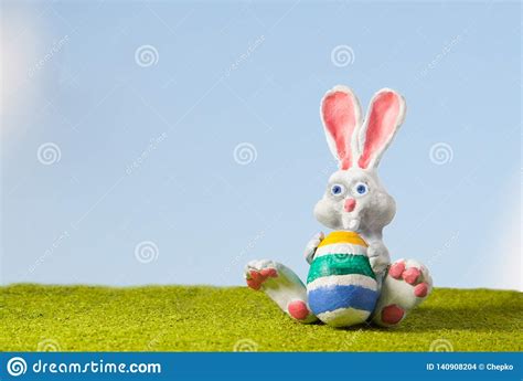 White Rabbit From Polymer Clay On The Lawn With Painted