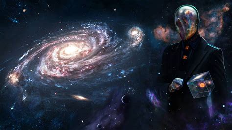 Glistening Galaxy And Planets And A Man With Coat Is Standing On Side