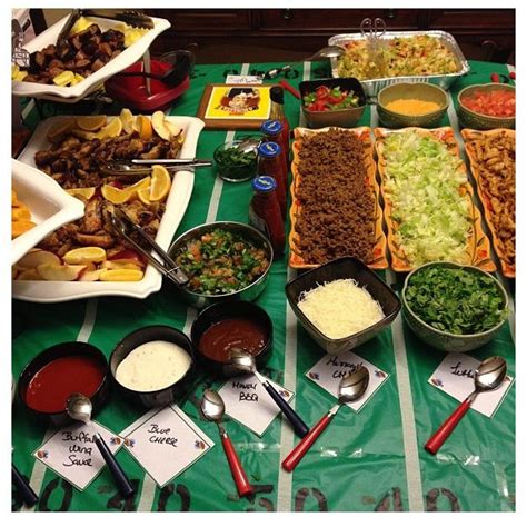 Planning a taco bar for graduation parties, showers and other neighborhood get togethers is a fun and economical way to serve your guests a tasty, customizable mexican blend, cheddar, or whatever you want is fine. Appitite- Taco Bar on a DIY Football Table setting in 2019 | Taco party, Taco bar, Nacho bar
