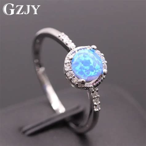 GZJY Beautiful Round Jewelry Blue Fire Opal Wedding White Gold Color Cute Simple Ring For Women