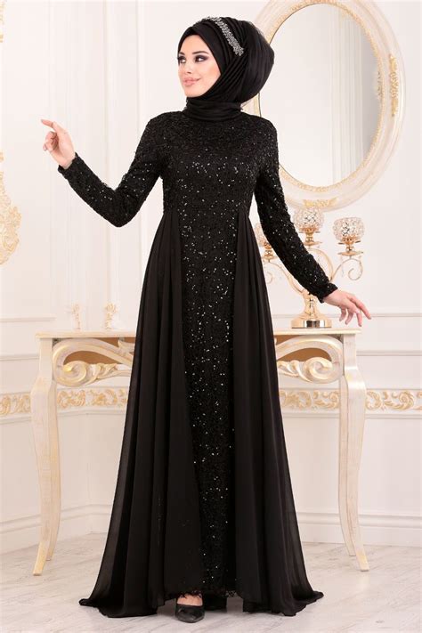 Nayla Collection Pullu Siyah Tesett R Abiye Elbise S
