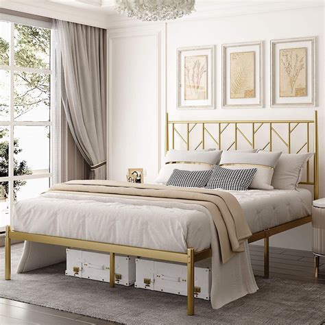Amolife Queen Size Modern Metal Platform Bed Frame Vintage Style Gold