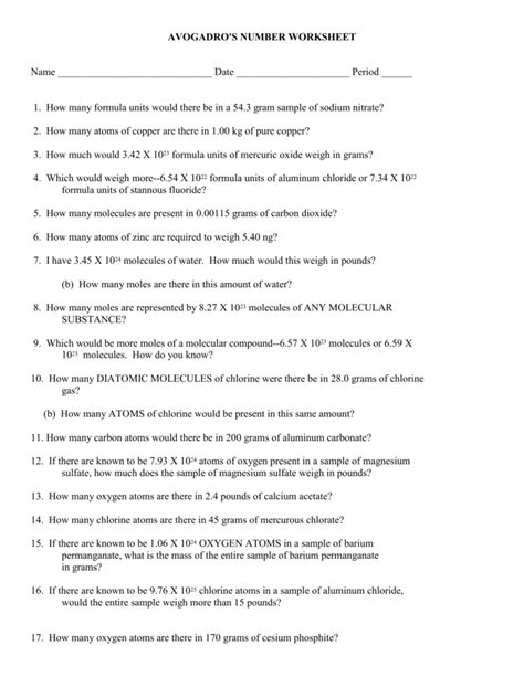 The Mole And Avogadro S Number Worksheet Answers