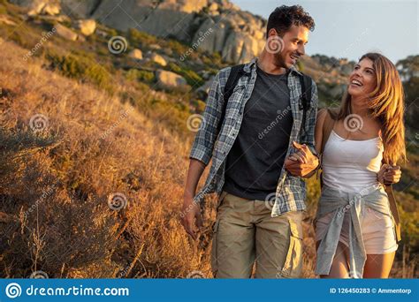 Happy Young Couple Hiking Together Stock Image Image Of Male