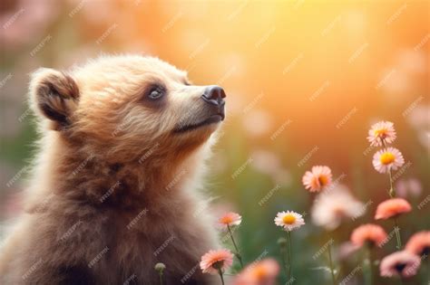 Premium Ai Image A Precious Baby Grizzly Bear Playing With Flowers
