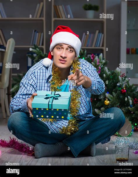 The Man Celebrating Christmas At Home Alone Stock Photo Alamy