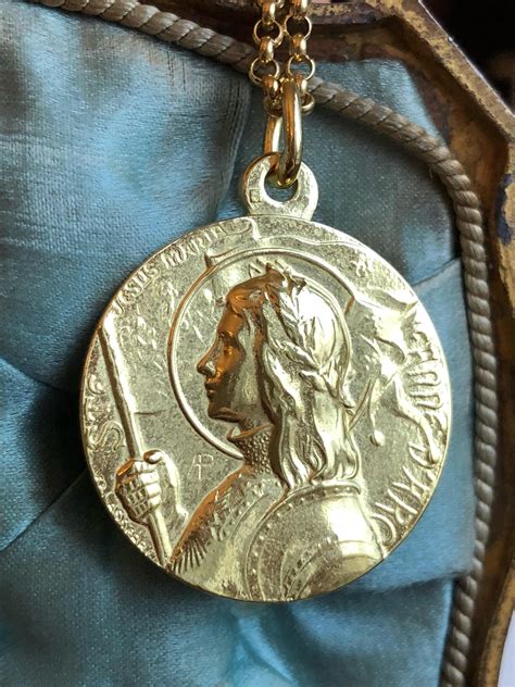 St Joan Of Arc Medal Necklace Art Nouveau 18k Gold Plated Religious