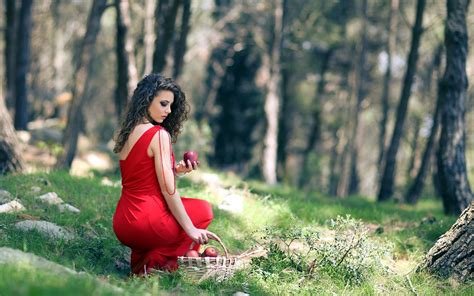 デスクトップ壁紙 日光 森林 屋外の女性 モデル ポートレート 草 座っている バスケット 緑 りんご 赤いドレス 縮毛 春 ロマンス 木 秋 花 女の子