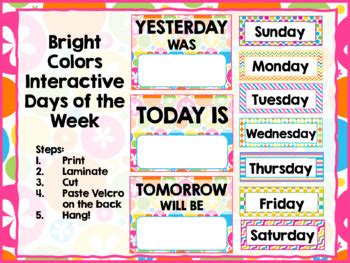 Days of the week flashcards. Interactive Days of the Week Chart Bright Neon Colors ...