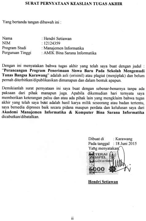 Contoh Surat Pernyataan Keaslian Tugas Akhir