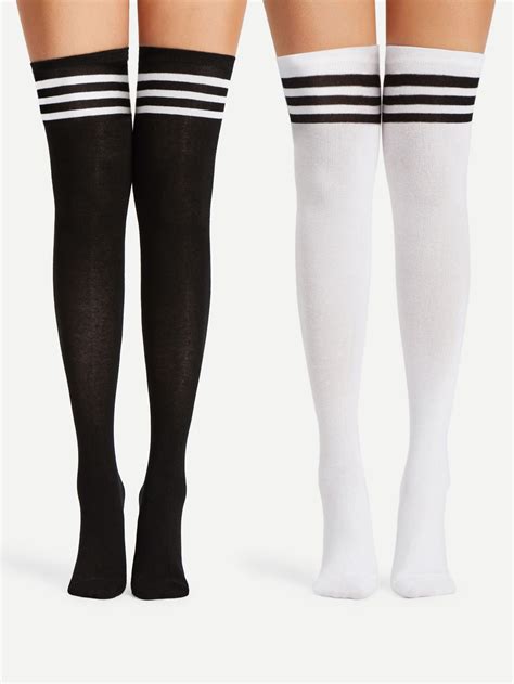 Varsity Striped Over The Knee Socks Pairs Cute Casual Outfits