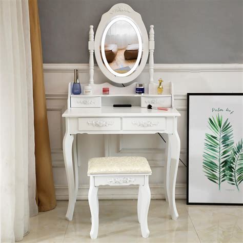 White vanity desk set with stool vintage style dressing table solid pine wood & iron frame furniture makeup desk vanity mirror nightstand inundy 4.5 out of 5 stars (19) $ 289.35 free shipping add to favorites makeup vanity, white, with a large makeup mirror and warm light, perfect for bedroom decor. White Makeup Vanity Table Set with Lights Led Mirror and 4 ...