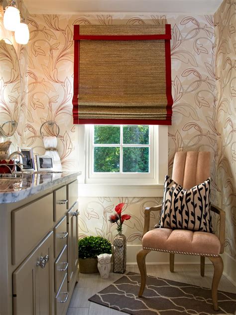 Transitional Bathroom With Red And White Floral Wallpaper