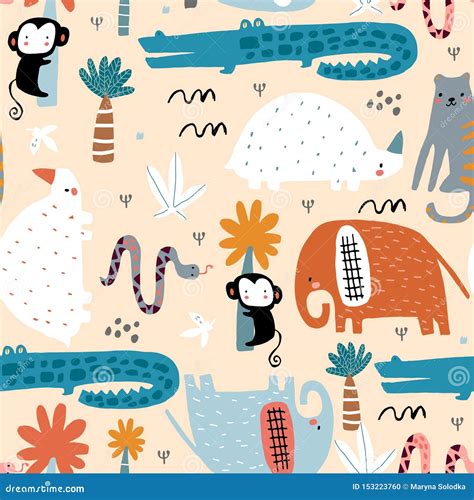 Seamless Childish Pattern With African Animals Creative Scandinavian