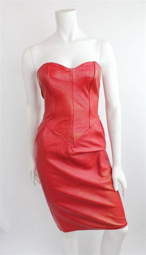 Vintage Red Genuine Leather Party Dress For Women Real Leather Dress
