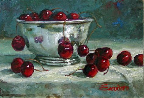 Cherries In Silver Bowl Painting By Ron Escudero
