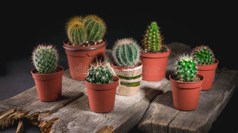 Cacti Collection On Dark Background Low Key Lighting Stock Image