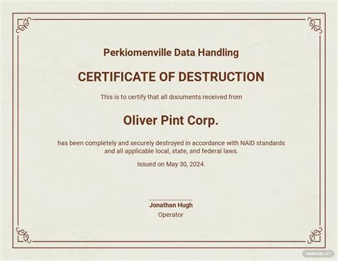 Certificate Of Destruction Template