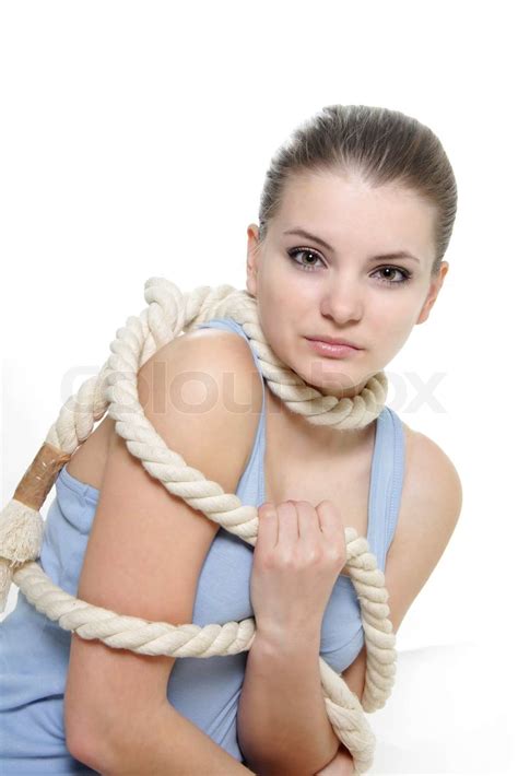 Woman Tied Up With Rope Over White Stock Image Colourbox