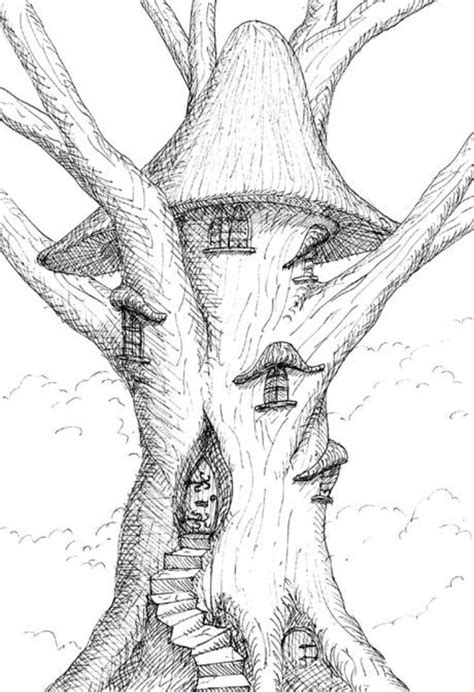 Drawing Idea Fairy Drawings Fantasy Drawings Tree House Drawing