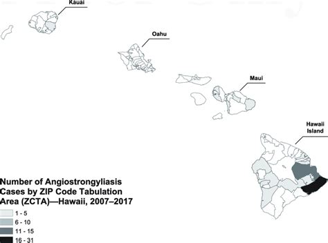 Angiostrongyliasis Cases By Zip Code Tabulation Areas Hawaii 2007 2017