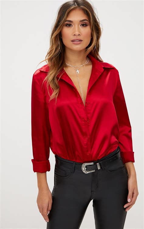 Red Satin Button Front Shirt Tops Prettylittlething Usa