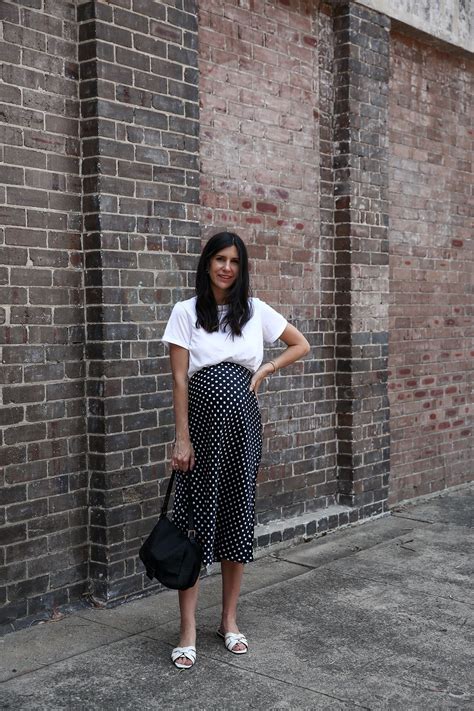 Sharing Another Recent Pregnancymaternity Outfit Wearing A White T Shirt And A Polka Dot Skirt