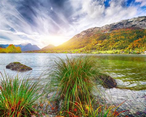 Idyllic Autumn Scene In Grundlsee Lake In Alps Mountains Austria Stock