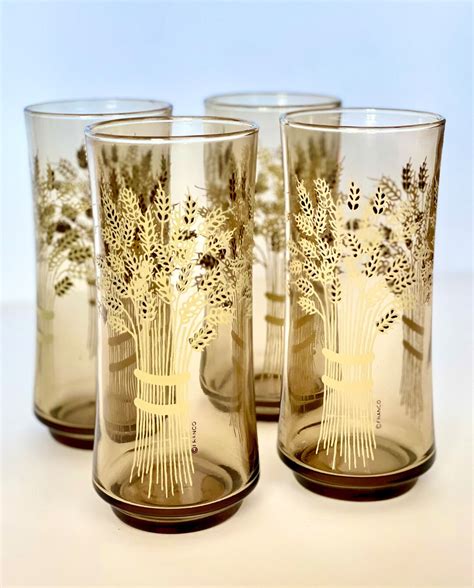 Vintage Libbey Wheat Harvest Tumblers Mid Century Modern Smoky Brown Amber With Wheat Design