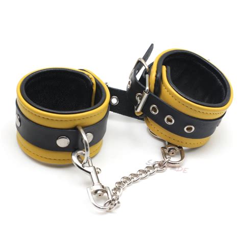 Smspade Adult Game Sex Toys Yellow Leather Adjustable Bondage Handcuffs