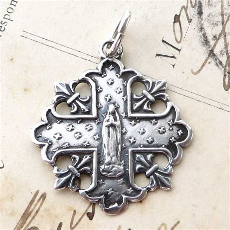 virgin mary fleur de lys cross sterling silver antique replica rosa mystica medals
