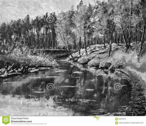 Black And White Original Oil Painting Bright Green Trees Are Reflected