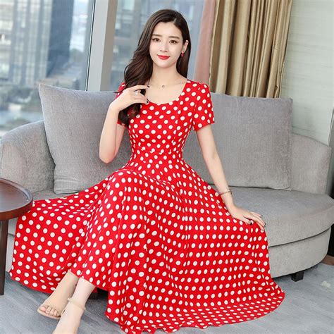 Red Polka Dot Vintage Dress New Summer Style Women Round Collar Long