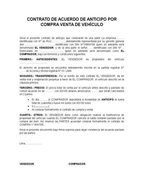 Contrato De Acuerdo De Anticipo Por Compra Venta De Vehículo 2 Pdf
