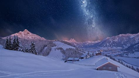 Milky Way Over Tyrol Mountains In Winter Wallpaper Backiee