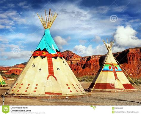 Photo About Native American Indian Tents Teepee Decorated With Ornaments In Desert Lan