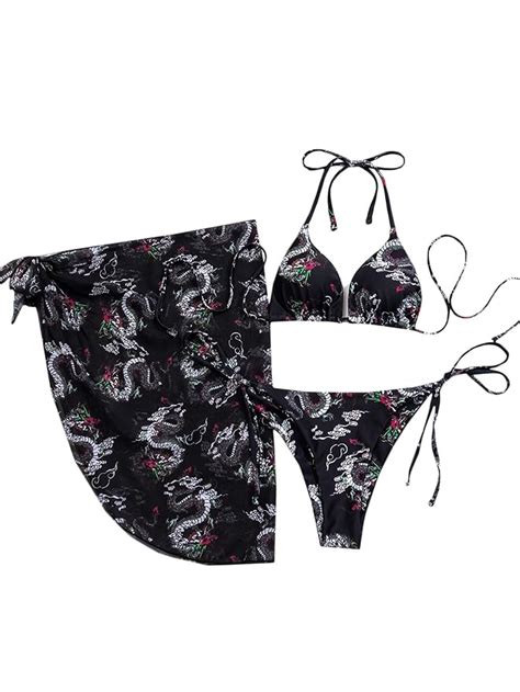 Soly Hux Womens Halter Triangle Tie Side Bikini Bathing Suit With Beach Skirt 3 Piece Swimsuits