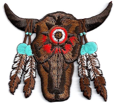 Bison Skull Southwest Wfeathers Embroidered Iron On Applique Patch