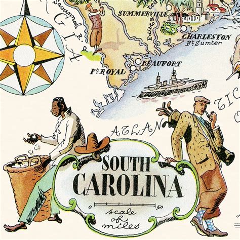Pictorial Map Of South Carolina Colorful Fun Illustration Of Etsy